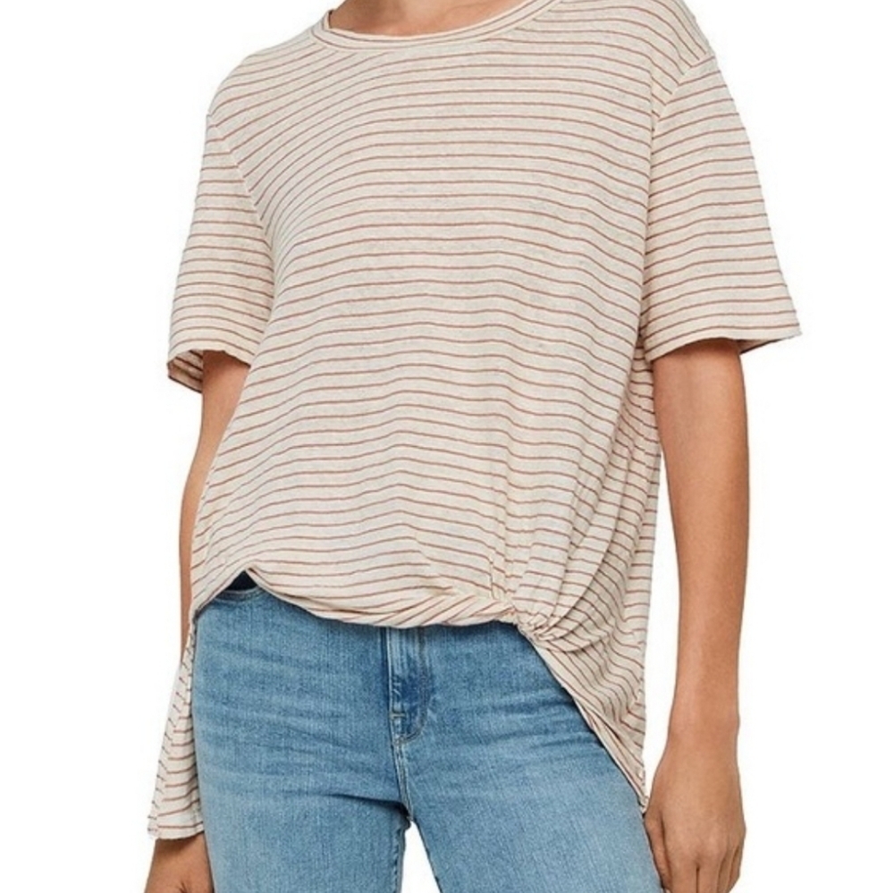 All Saints Wilma Ecru & Orange Stripe Linen T-Shirt Size Medium